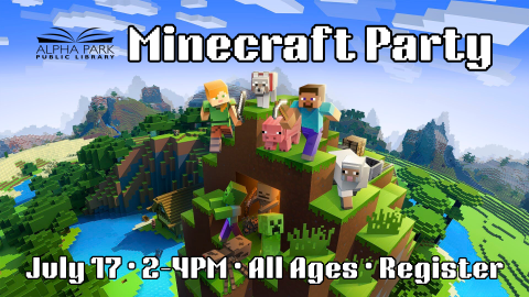 blocky Minecraft characters standing on top of hill with water and mountain landscape, blue sky, white pixelated text