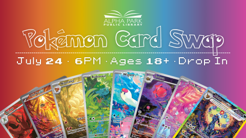 colorful fan of Pokémon cards, black background with white text