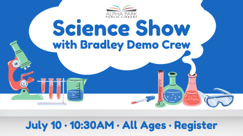 graphic of microscope and colorful beakers on white table, blue background, blue text in white smoke cloud