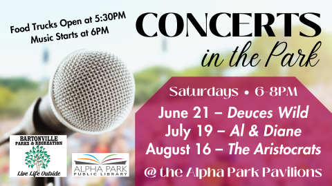 photo of microphone outside, maroon shape with white text