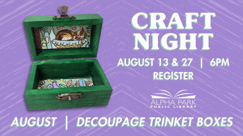 photo of green wooden box with cat and book shelf illustration inside the lid and bottom, light purple background with white text