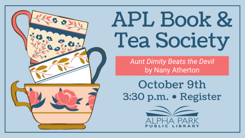 illustration of 3 pink, blue, and gold stacked teacups on light blue background with navy text