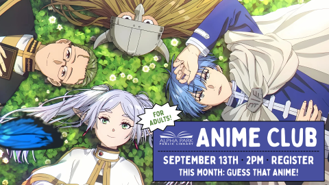 image of anime characters lying with heads in circle on green grass, blue box with white text