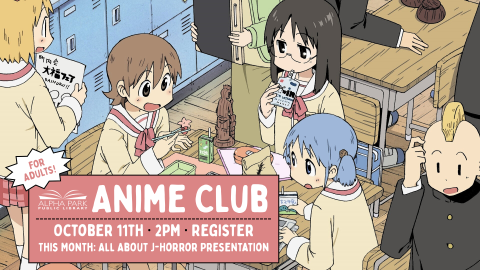 image of 3 anime characters in school uniform eating lunch at cafeteria table, pink box with white text