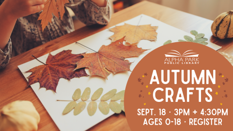 photo of child seated at wood table with white paper and fall leaves, light brown circle with white text 