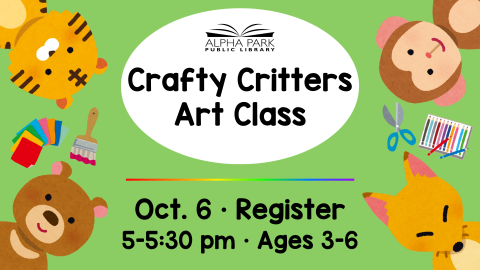 graphic with baby tiger, monkey, bear, and fox in corners with art supplies, green background white oval with black text