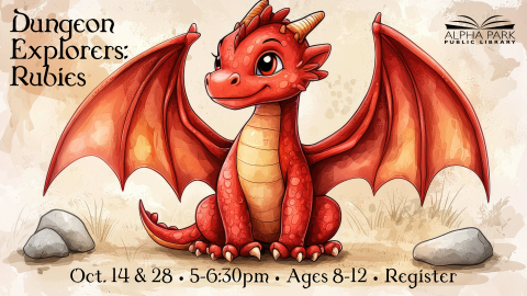 illustration of red and tan baby dragon with wings sitting on dirt with rocks, black text