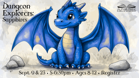 illustration of blue baby dragon with wings sitting on dirt with rocks, black text