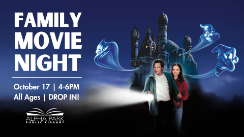 image from Casper movie of cgi ghosts coming out of dark house, 2 humans with flashlight, white text