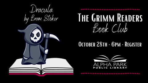 illustration of cute Grim Reaper standing on an open book with scythe on black background with white text