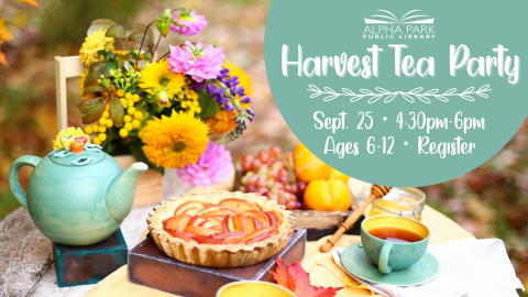 photo of turquoise teapot, teacup, apple tart, yellow and purple flowers, grapes and pumpkins, light green circle with white text