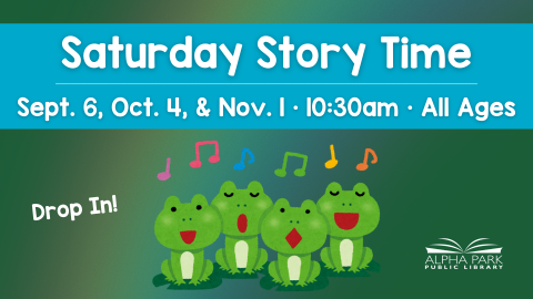 graphic of 4 green frogs singing musical notes, faded rainbow on dark green background, blue rectangle with white text
