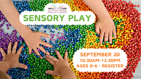 photo of kids hands playing with rainbow beads, green and orange text