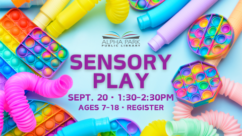 photo of neon fidget toys on light blue background, purple text