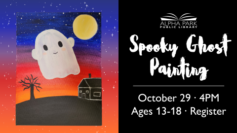 painting of cute ghost floating in front of sunset and moon, black box with white text