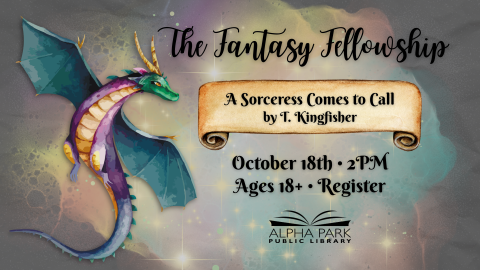 graphic of green, purple, blue, and gold dragon flying in colorful sparkling cloud, scroll with black text