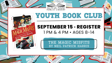 illustrated background of books, white rectangle with gray text and book cover