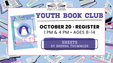 illustrated background of colorful books, white rectangle with black text and book cover