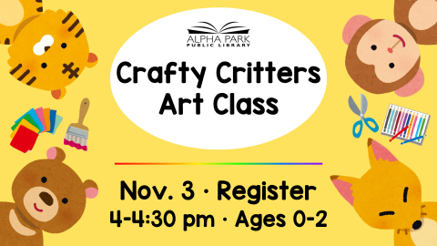 graphic with baby tiger, monkey, fox, and bear in corners with art supplies, yellow background, white oval with black text