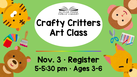 graphic of baby tiger, monkey, fox, and bear in corners, green background, white oval with black text