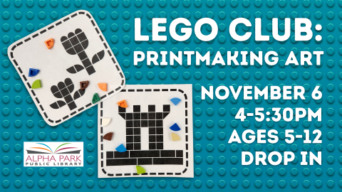 photo of black pixelated prints of tulips and castle on white square paper, teal lego texture background, white text