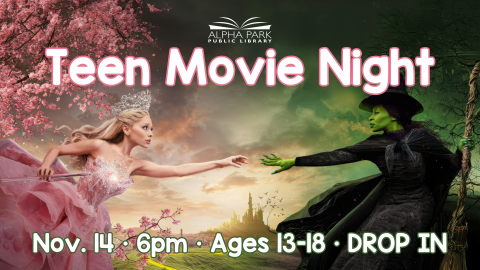 image of Glenda in pink reaching out to Elphaba in green and black, white text