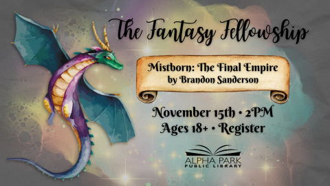 graphic of green, purple, blue, and gold dragon flying in colorful sparkling cloud, scroll with black text