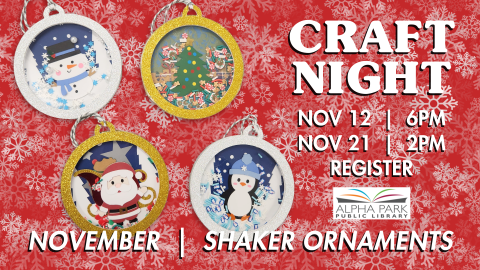 photo of 4 round ornaments on red background with white snowflakes, white text