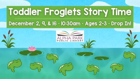graphic of little green froglets swimming in pond with lily pads, blue sky with clouds, green box with white text