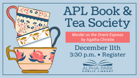 illustration of 3 pink, blue, and gold stacked teacups on light blue background with navy text