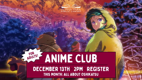 image from anime movie of girl in green cloak looking over her shoulder with colorful mountains and castle in the background, maroon box with white text