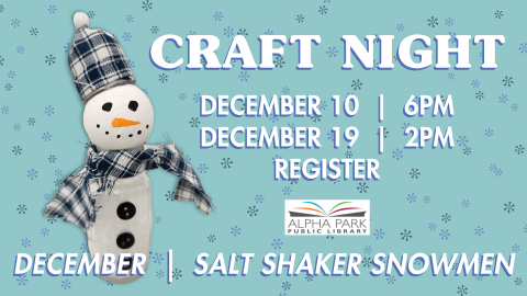 photo of salt shaker snowman craft on light blue background with blue snowflakes, white text