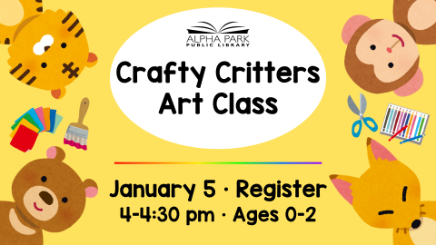 graphic with baby tiger, monkey, bear, and fox in corners with art supplies, yellow background white oval with black text