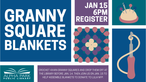 dark blue, purple, and teal rectangles on white grid with granny square, crochet hook, and pin cushion, white text