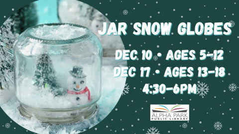 circle photo of little jar snow globe with snowman and pine tree, dark green background with snowflakes and white text