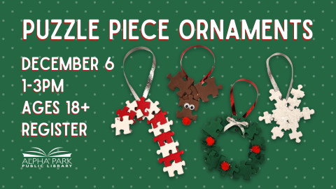 photo of 4 ornaments made of puzzle pieces, green background with polkadots and white text