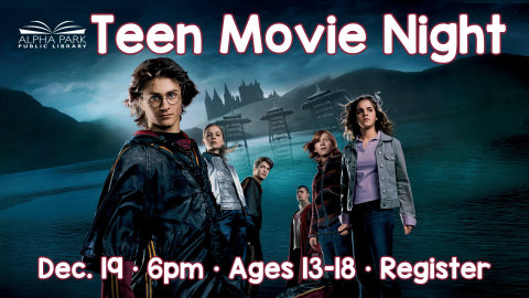 image of Harry Potter and characters from Goblet of Fire standing in from of moody lake and Hogwarts, white text