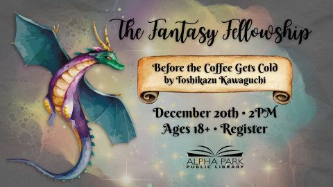 graphic of green, purple, blue, and gold dragon flying in colorful sparkling cloud, scroll with black text