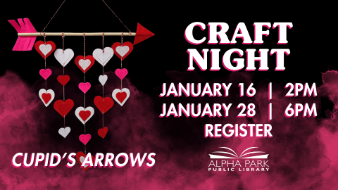 arrow wall hanging with red white and pink felt hearts, black background with pink smoke and white text