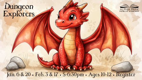 illustration of red and tan baby dragon with wings sitting on dirt with rocks, black text