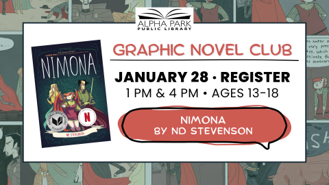 book cover, white rectangle with black text, background of panels from graphic novel