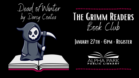 illustration of cute Grim Reaper standing on an open book with scythe on black background with white text