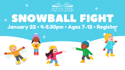 graphic of 5 kids playing in white snow, light blue sky with white text