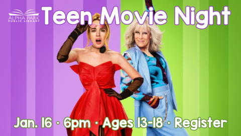 image of Lindsey Lohan and Jamie Lee Curtis from Freakier Friday, purple and green background, white text