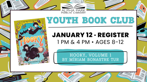 illustrated background of books, white rectangle with gray text and book cover