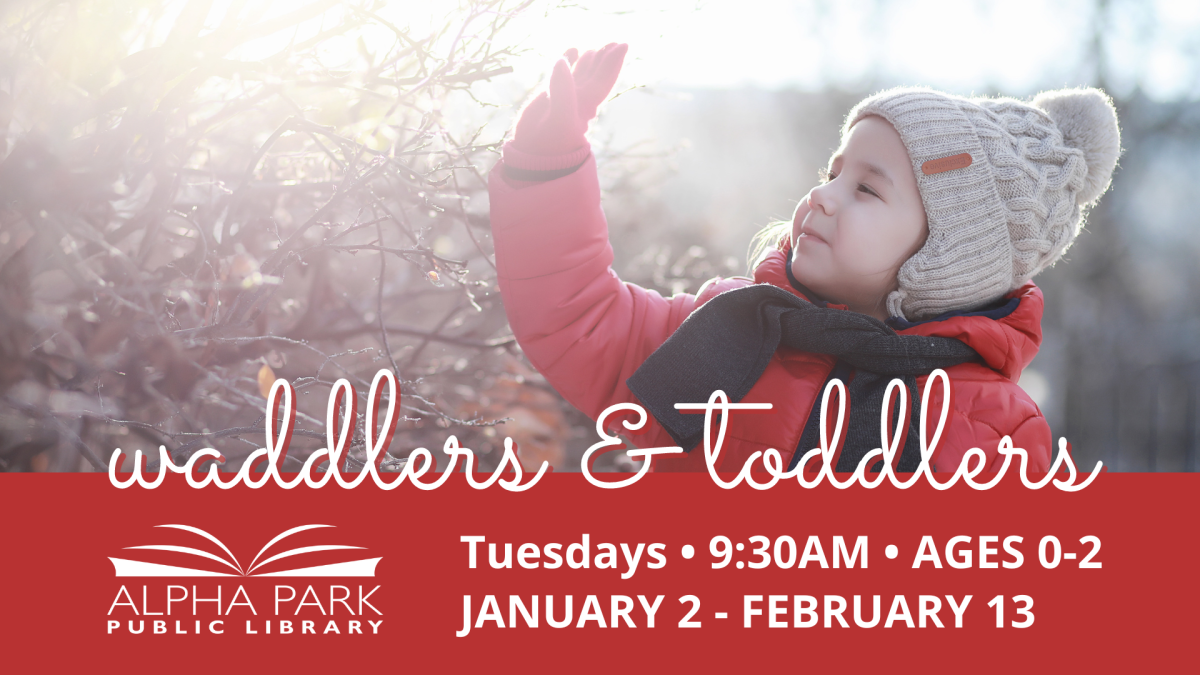 photo of child in winter gear touching a tree with red and white text