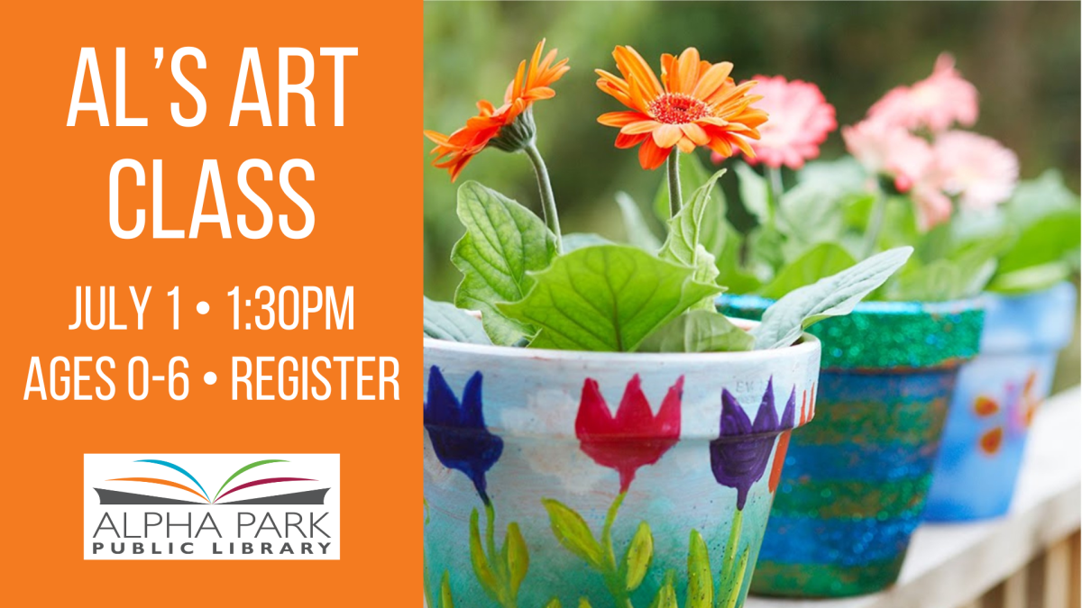 photo of orange and pink daisies growing in brightly painted pots, orange rectangle with white text