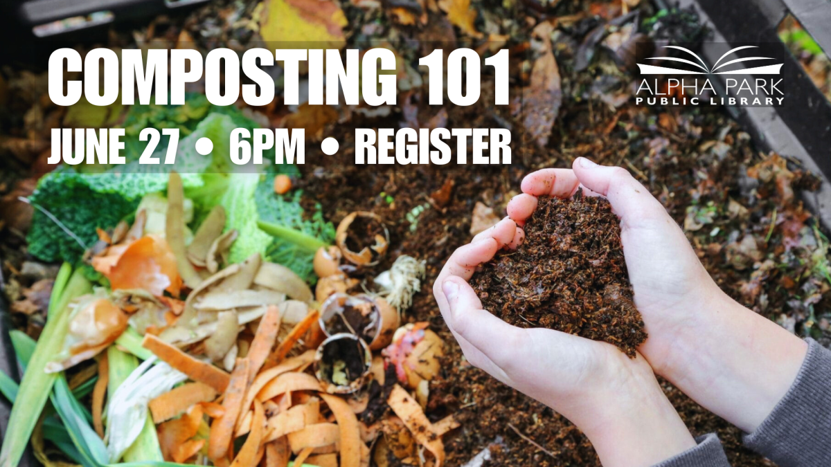 photo of vegetable scraps in compost pile with hands scooping compost, white text