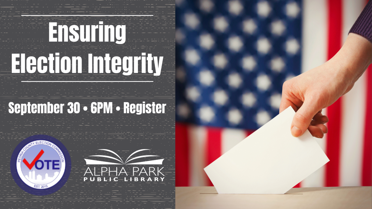 photo of hand placing white envelope in ballot box with american flag behind, grey box with white text