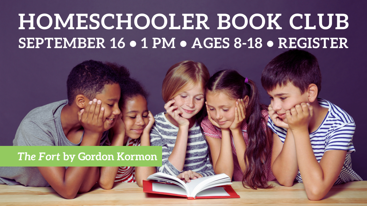 photo of 5 kids leaning elbows on table to read one book with red cover, dark purple background, white text